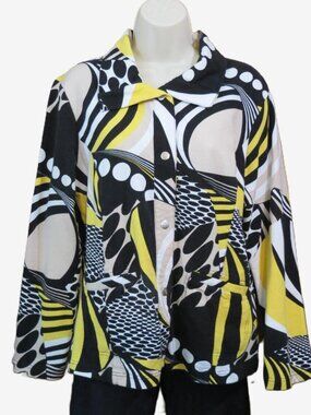 Onque Casuals Black/White/Yellow Women's Top/Jacket Geometric Pockets Size Large